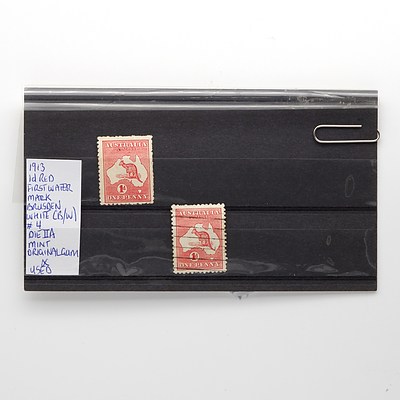 1913 1d Red First Water Mark Brusden White (B/W) Die IIA, Mint Original Gum and Used