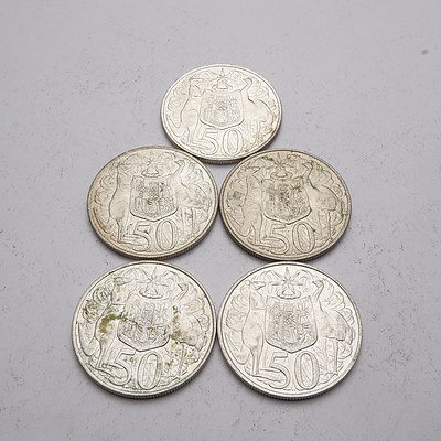 Five Australian 1966 Silver Fifty Cent Coins