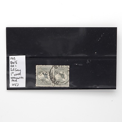 1913 BW5 Die I 2d Grey 1st WMK Horizontal Pair of Stamps