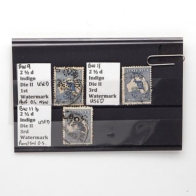 Three 2 1/2d Indigo Die II 1st and 3rd Watermark Stamps