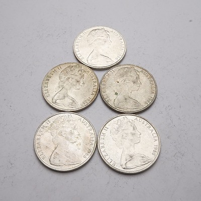 Five Australian 1966 Silver Fifty Cent Coins