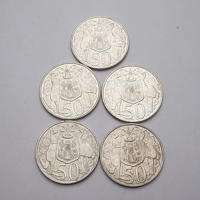 Five Australian 1966 Silver Fifty Cent Coins
