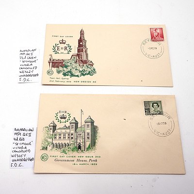 Two Australian 1959 Queen Elizabeth 3 1/2d and 4d "Seymour" Victoria Cancelled Wesley Unaddressed F.D.C.