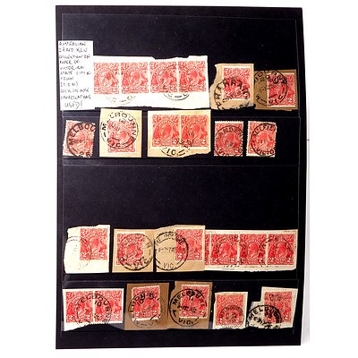 Australian Collection of 2d Reds King George V, Collection on Paper of Victorian State, City and Town and Sock on Nose Cancellations, Used