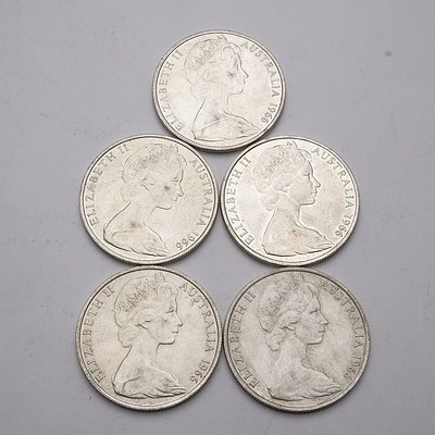 Five Australian 1966 Silver Fifty Cent Coins