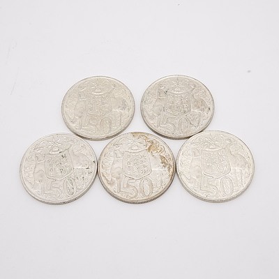 Five Australian 1966 Silver Fifty Cent Coins