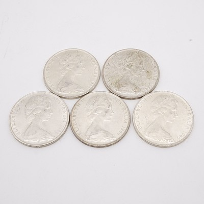 Five Australian 1966 Silver Fifty Cent Coins