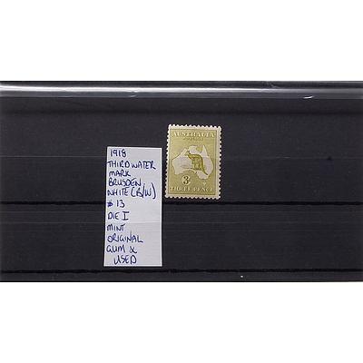 1918 3d Third Watermark Brusden White (b/w) #13 Die I Mint Original Stamp, Gum and Used
