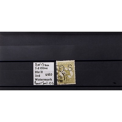 3d Olive Die II 3rd Watermark Stamp, Used and Punctured O.S.