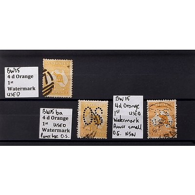 Three 4d Orange 1st Watermark Stamps, Used