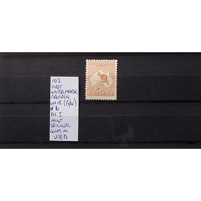 1913 5d First Watermark Brusden White (B/w) #16 Die I Mint Original, Gum and Used