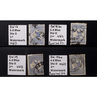 Four 6d Blue Die II 1st, 2nd and 3rd Watermark Stamps, Used