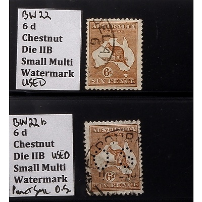 Two 6d Chestnut Die IIB Small Multi Watermark Stamps, One Punctured O.S. and Used
