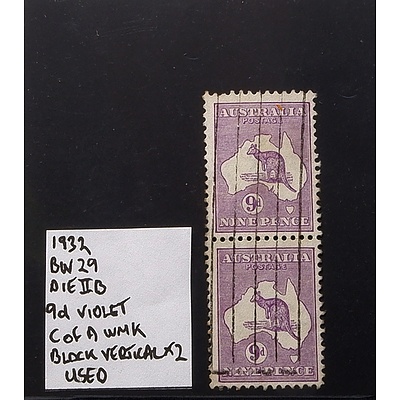 Vertical Block of Two 1932 9d Violet BW29 Die IIB, C of A WMK and Used