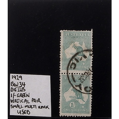 Vertical Pair of 1929 1/- Green BW 34 Die IIB, Small Multi Watermark and Used