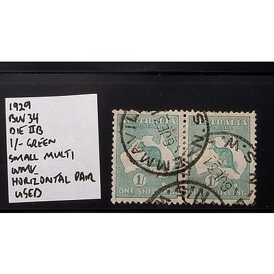 Horizontal Pair of 1929 1/- Green BW 34 Die IIB, Small Multi Watermark and Used