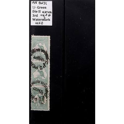 Vertical Strip of Three 1918 BW32 1/- Green Die II 3rd Watermarked Stamps, Used