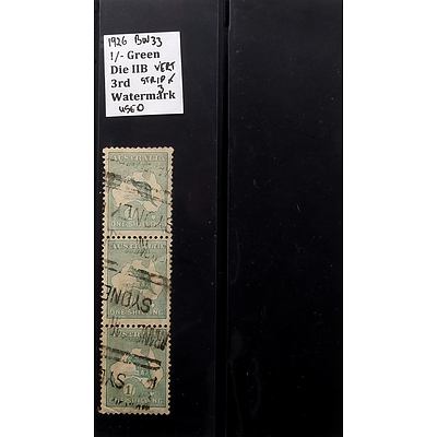 Vertical Strip of Three 1926 BW33 1/- Green Die IIB 3rd Watermarked Stamps, Used