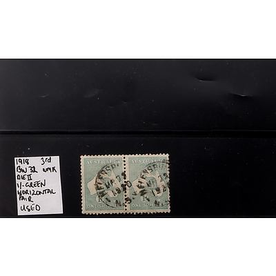 Horizontal Pair of 1918 1/- Green BW32 Die II Watermarked Stamps, Used