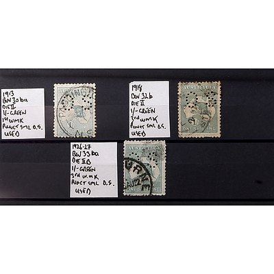 1913, 1918 and 1926-27 1/- Green Die II/B 3rd Watermarked Stamps, Used and Punctured