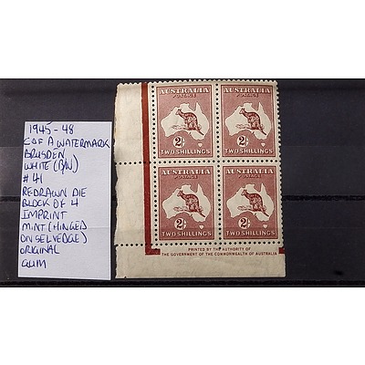 Block of Four 1945-48 2/- C of A Watermark Brusden White (B/W) #41 Re-Drawn Die Imprint Mint (Hinged on Selvedge), Original and Gum