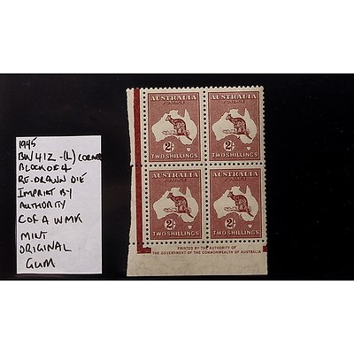 Block of Four 1945 2/- BW41Z (L) Corner Re-Drawn Die Imprint by Authority C of A Watermark, Mint and Original Gum