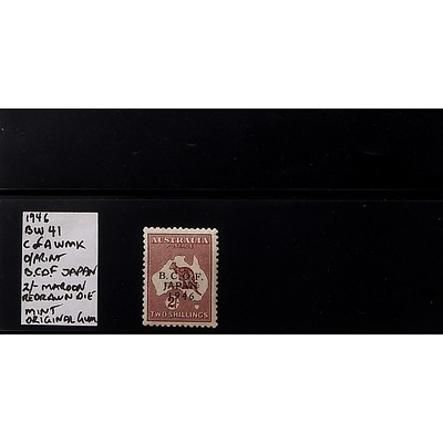1946 2/- Maroon BW 41 C of A Watermark O/Print "B.C.O.F. Japan" Redrawn Die, Mint and Original Gum