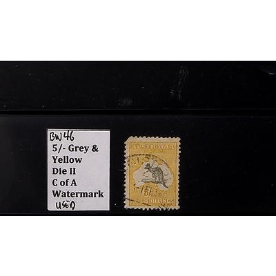 5/- Grey and Yellow BW46 Die II Cof A Watermark Stamp, Used
