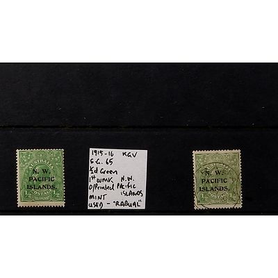 Two 1915-16 1/2d King George V Green 1st Watermark O/Printed  "N.W. Pacific Islands" Stamps, Mint and Used - "Rabual"