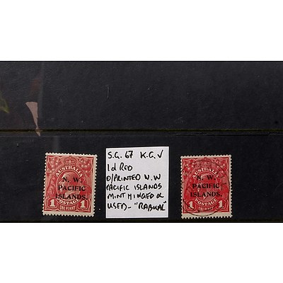 Two 1d Red King George V S.G. #67 O/Printed "N.W. Pacific Islands" 2nd Watermark, Mint Hinged and Used - "Rabual"