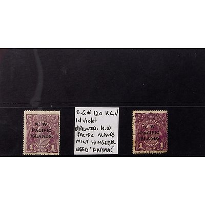 Two 1d Violet King George V S.G #120 O/Printed "N.W. Pacific Islands" 2nd Watermark, Mint Hinged and Used "Rabual"