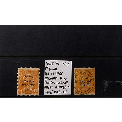 Two 4d Orange King George V S.G. #70 1st Watermark O/Printed "N.W. Pacific Islands" Stamps, Mint Hinged & Used "Rabual"