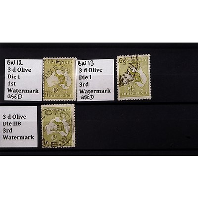 Three 3d Olive Die I 1st and 3rd Watermark Stamps, Used