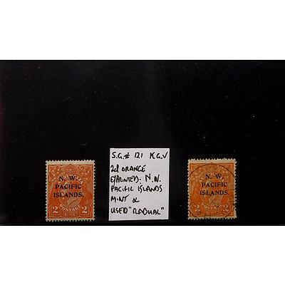 Two 2d Orange King George V S.G. #121 O/Printed "N.W. Pacific Islands" Stamps, Mint and Used "Rabual"