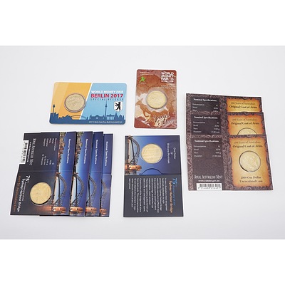 Ten RAM Uncirculated One Dollar Coins, Including 2015 and 2017 World Money Fair, 100 Years of the Coat of Arms and 75th Anniversary of the Sydney Harbour Bridge