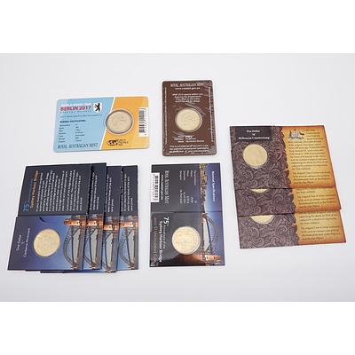 Ten RAM Uncirculated One Dollar Coins, Including 2015 and 2017 World Money Fair, 100 Years of the Coat of Arms and 75th Anniversary of the Sydney Harbour Bridge