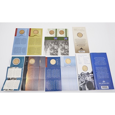 Twelve RAM Uncirculated One Dollar Military Themes Coins, Including 2003 Vietnam for Service, 2003 Korean War, 2001 Navy 90th Anniversary and More