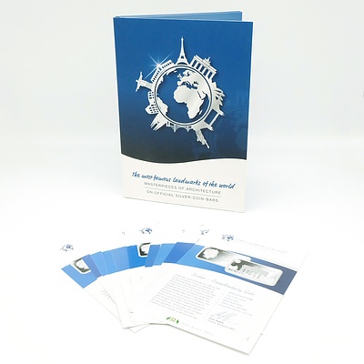Maquarie Mint The Most Famous Landmarks of the World, 2014 Masterpieces of Architecture on Official Silver-Coin-Bars, 10 Proof Silver-Coin-Bar Complete Set