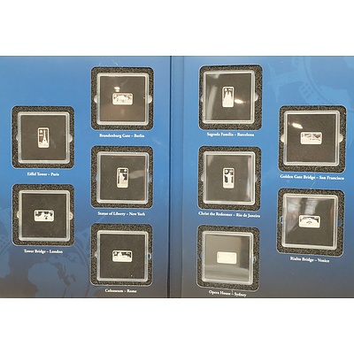 Maquarie Mint The Most Famous Landmarks of the World, 2014 Masterpieces of Architecture on Official Silver-Coin-Bars, 10 Proof Silver-Coin-Bar Complete Set