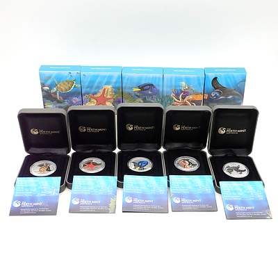 Perth Mint, Australian Sea Life II The Reef, 5 Silver Proof Coins in Complete Set
