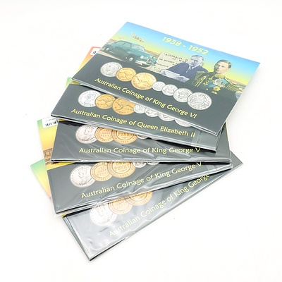 Australian Coinage of Queen Elizabeth II, King George V (x3) and King George VI, 5 Sealed Sets