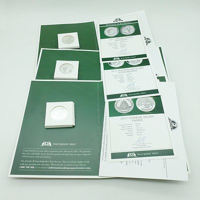 Maquarie Mint, 2017 Fabulous 15 Silver Collection, British Silver Britannia, Australian Silver Kookaburra, Chinese Silver Panda, 3 .999 Silver Coins