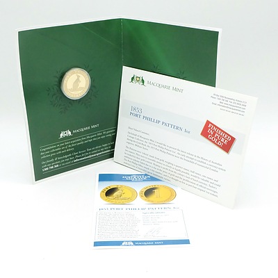 Maquarie Mint, History of Australian Coinage Collection, Gilt Dragon Spanish Reales, 1852 Adelaide Assay Office Gold Ingot, 1853 Port Phillip Pattern 1oz, 3 Prooflike Plated Coins