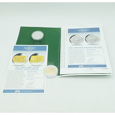 Maquarie Mint, History of Australian Coinage Collection, Gilt Dragon Spanish Reales, 1852 Adelaide Assay Office Gold Ingot, 1853 Port Phillip Pattern 1oz, 3 Prooflike Plated Coins