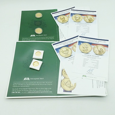 Maquarie Mint, USA Presidential Dollars Collection 2007/8/9/10, 12 Gold Plate Uncirculated Coins