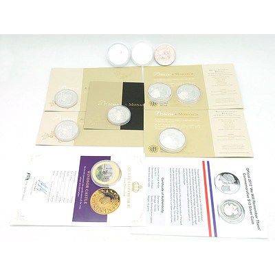 Assorted Royal Coins Including Royal Mint Princess to Monarch 6 .999 Silver Proof Coins, 3 Silver Coins, We Will Remember Them 2012 Silver Coin and Queen Elizabeth II Windsor Castle Plate Coin