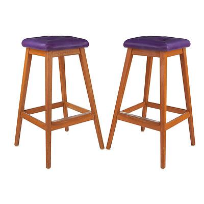 Four Australian Noblett Ash Stools with Purple Vinyl Upholstery