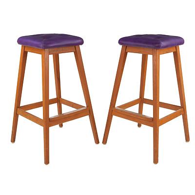 Four Australian Noblett Ash Stools with Purple Vinyl Upholstery