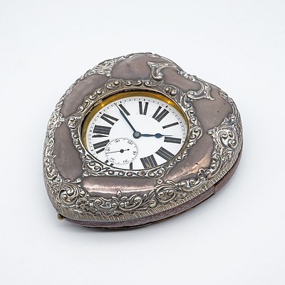 Antique Swiss Nickel Silver Coach Watch in Original Hallmarked Birmingham Sterling Silver Stand Case