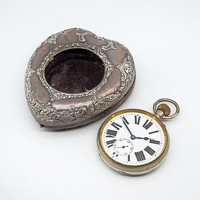 Antique Swiss Nickel Silver Coach Watch in Original Hallmarked Birmingham Sterling Silver Stand Case